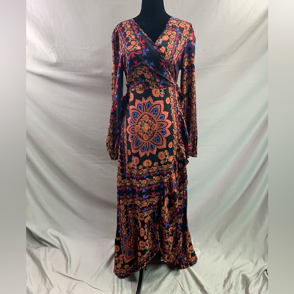 Floral Lantern Sleeve Ruffle Trim Wrap Dress - Picture 6 of 10